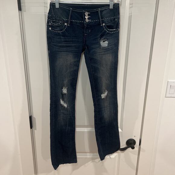 Almost Famous Denim Jeans Skinny Women’s Size 0 Blue Distressed Raw Hem - Picture 1 of 9